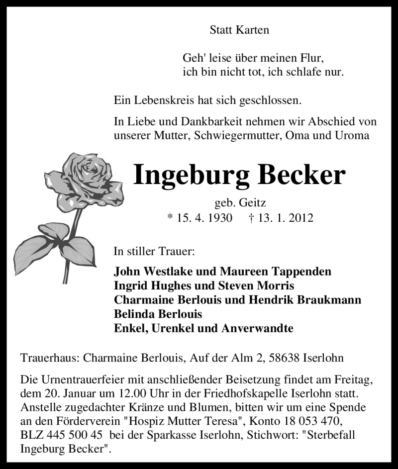  Traueranzeige für Ingeburg Becker vom 17.01.2012 aus Tageszeitung