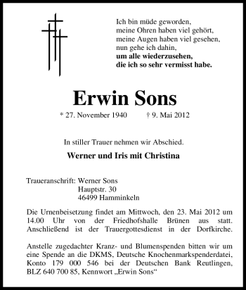 Traueranzeige von Erwin Sons von Tageszeitung