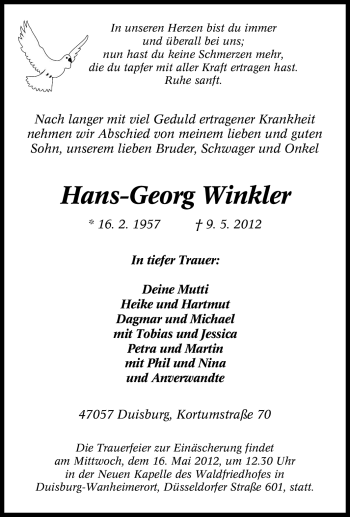 Traueranzeige von Hans-Georg Winkler von Tageszeitung