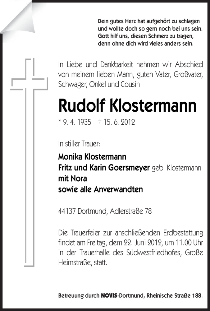  Traueranzeige für Rudolf Klostermann vom 20.06.2012 aus Tageszeitung