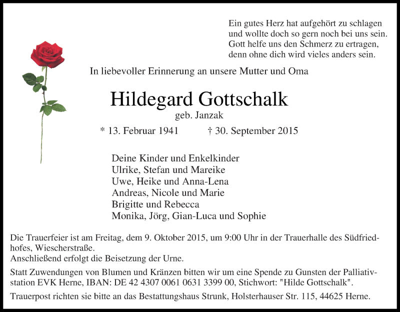  Traueranzeige für Hildegard Gottschalk vom 06.10.2015 aus Tageszeitung