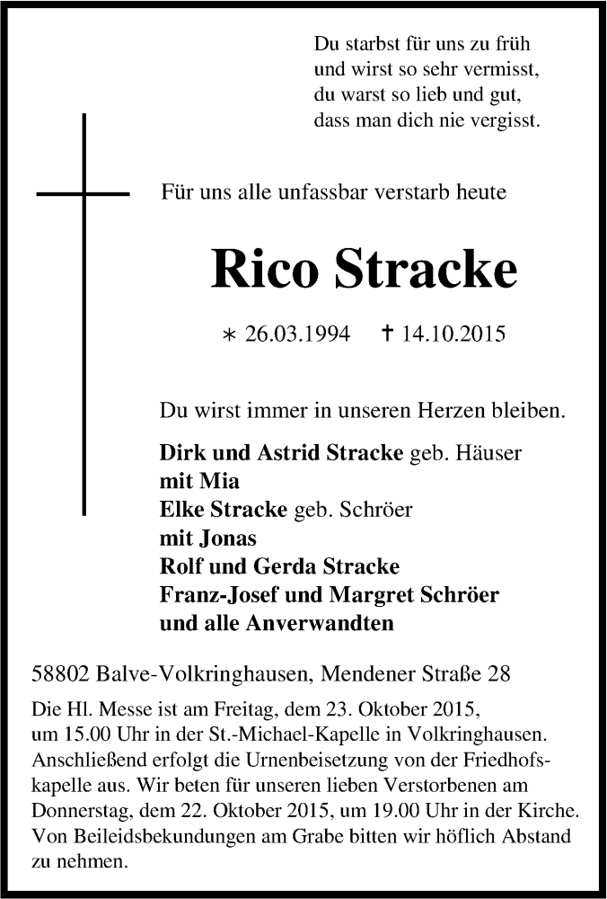  Traueranzeige für Rico Stracke vom 17.10.2015 aus Tageszeitung