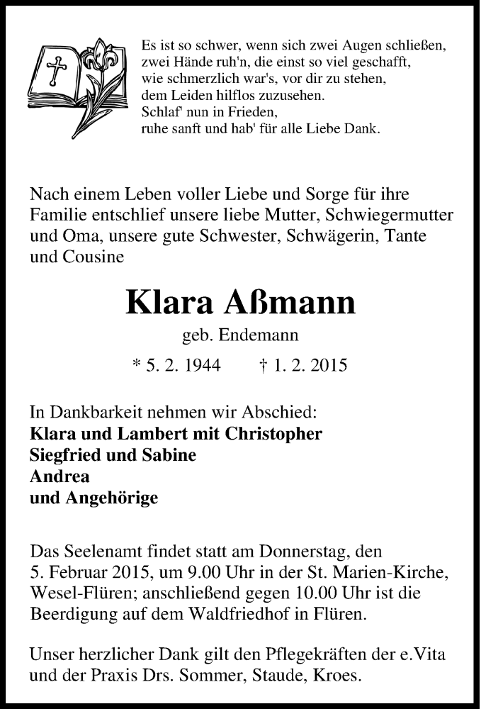  Traueranzeige für Klara Aßmann vom 03.02.2015 aus Tageszeitung