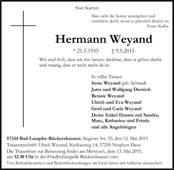 Traueranzeige von Hermann Weyand von Tageszeitung