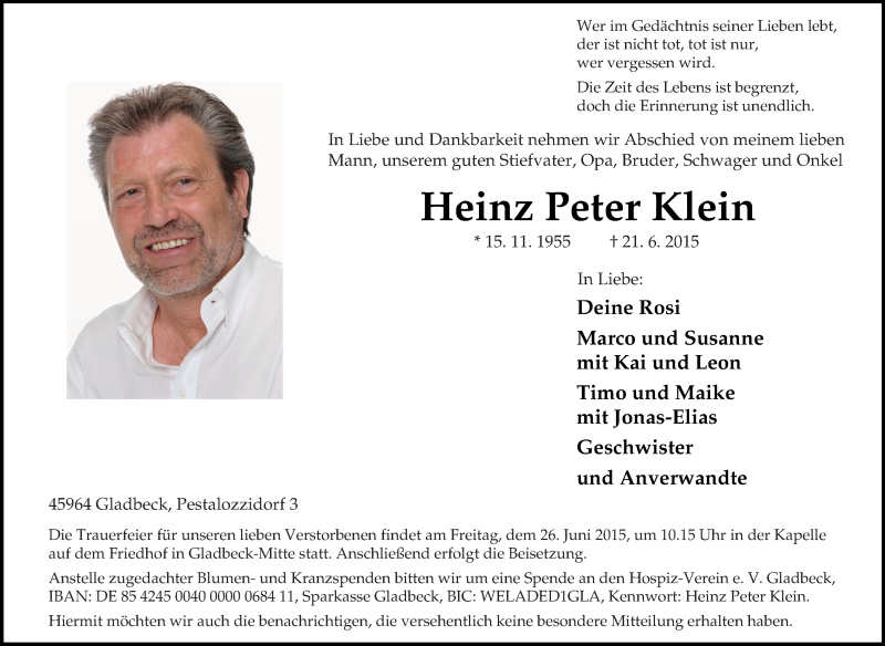  Traueranzeige für Heinz Peter Klein vom 24.06.2015 aus Tageszeitung
