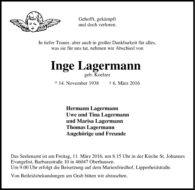  Traueranzeige für Inge Lagermann vom 08.03.2016 aus Tageszeitung