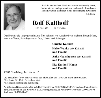 Traueranzeige von Rolf Kalthoff  von Tageszeitung