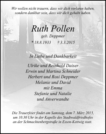 Traueranzeige von Ruth Pollen von Kettwig Kurier