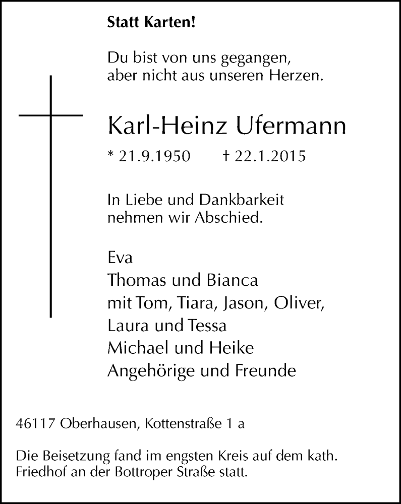 Traueranzeige für Karl-Heinz Ufermann vom 28.01.2015 aus Wochen-Anzeiger Oberhausen