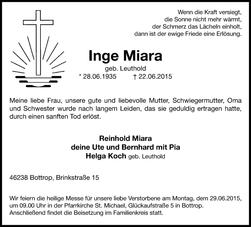  Traueranzeige für Inge Miara vom 27.06.2015 aus Stadtspiegel Bottrop