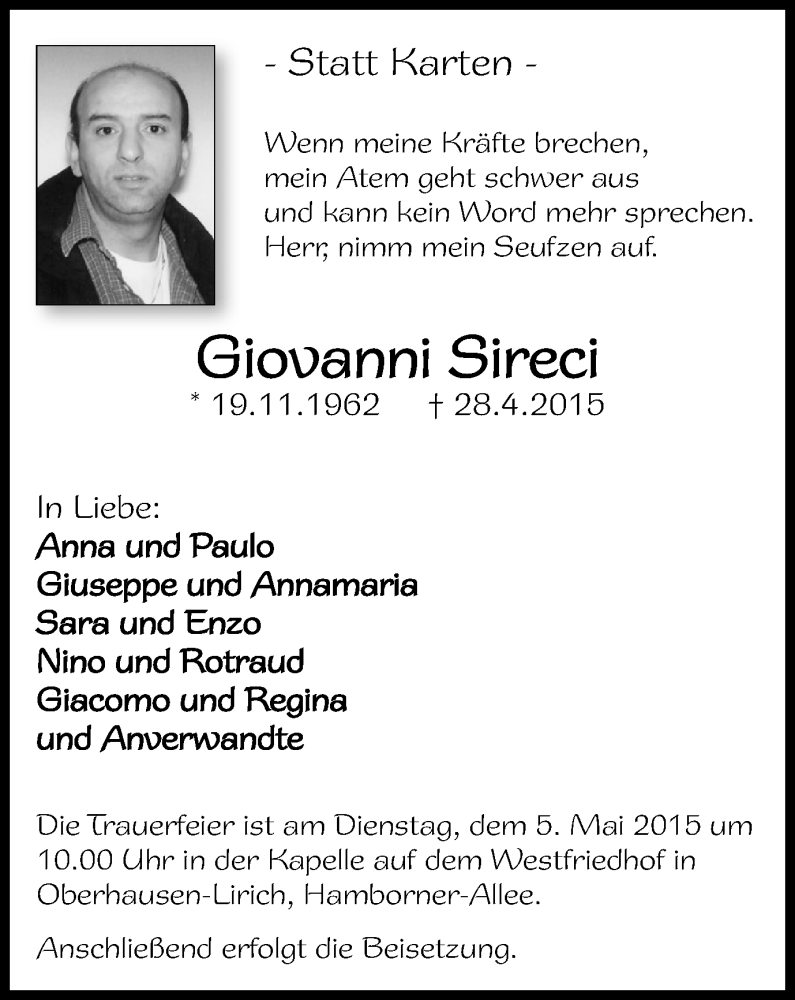  Traueranzeige für Giovanni Sireci vom 02.05.2015 aus Wochen-Anzeiger Oberhausen