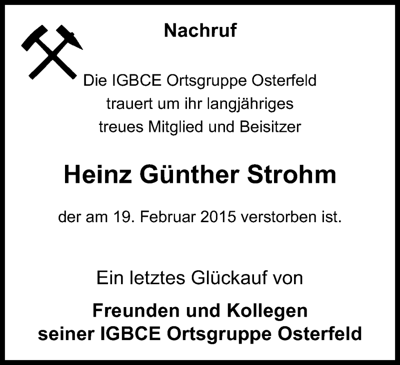  Traueranzeige für Heinz Günther Strohm vom 04.04.2015 aus Wochen-Anzeiger Oberhausen