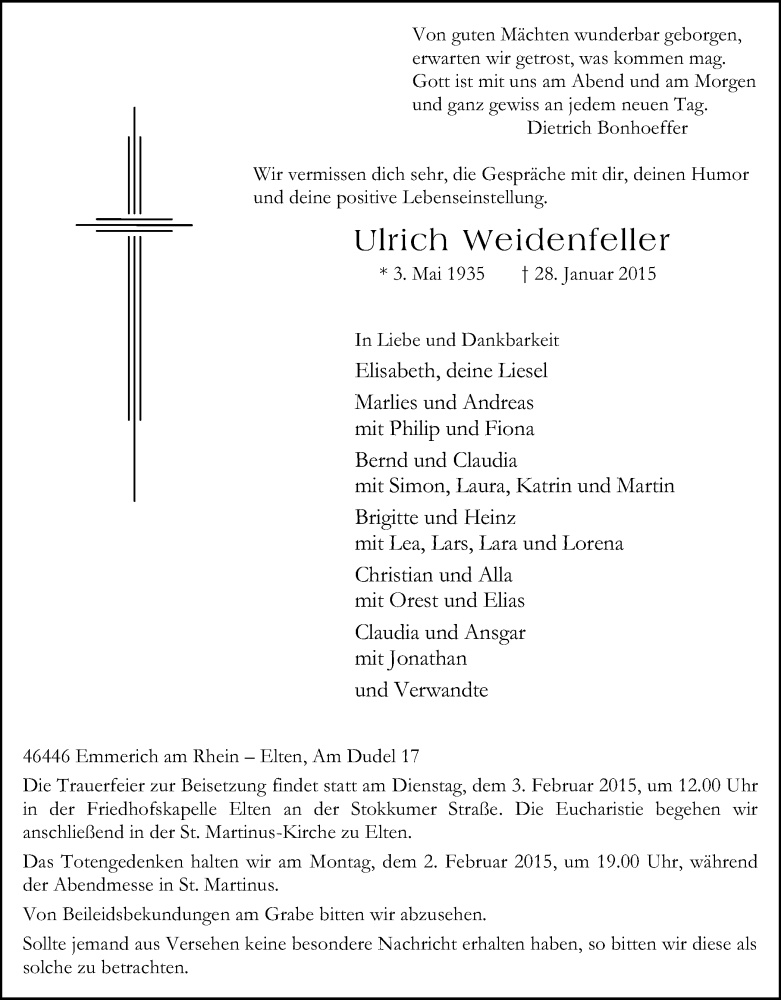  Traueranzeige für Ulrich Weidenfeller vom 31.01.2015 aus Stadtanzeiger Emmerich/Rees/Isselburg