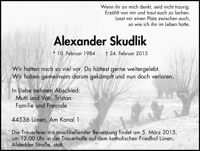  Traueranzeige für Alexander Skudlik vom 28.02.2015 aus Lüner Anzeiger