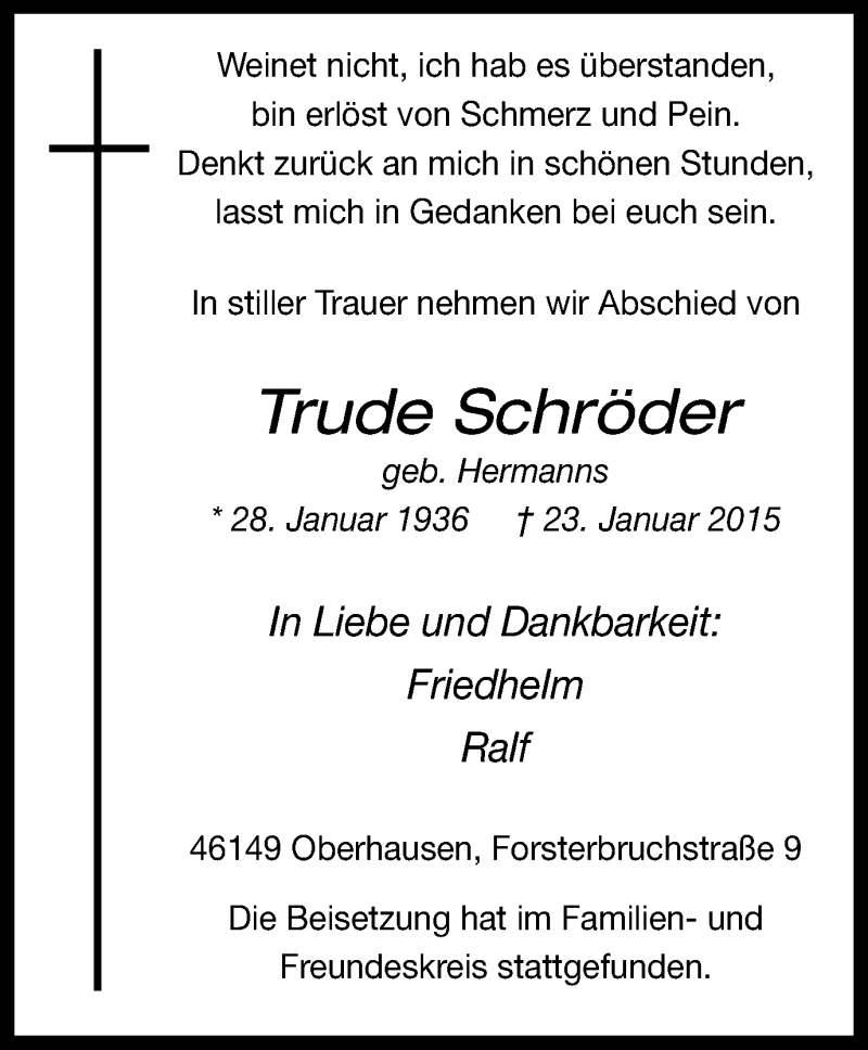  Traueranzeige für Trude Schröder vom 28.01.2015 aus Wochen-Anzeiger Oberhausen