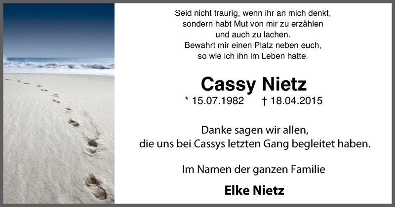  Traueranzeige für Cassy Nietz vom 20.05.2015 aus Stadtspiegel Menden + Froendenberg