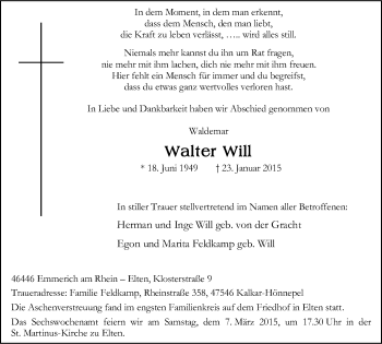 Traueranzeige von Walter Will von Stadtanzeiger Emmerich/Rees/Isselburg