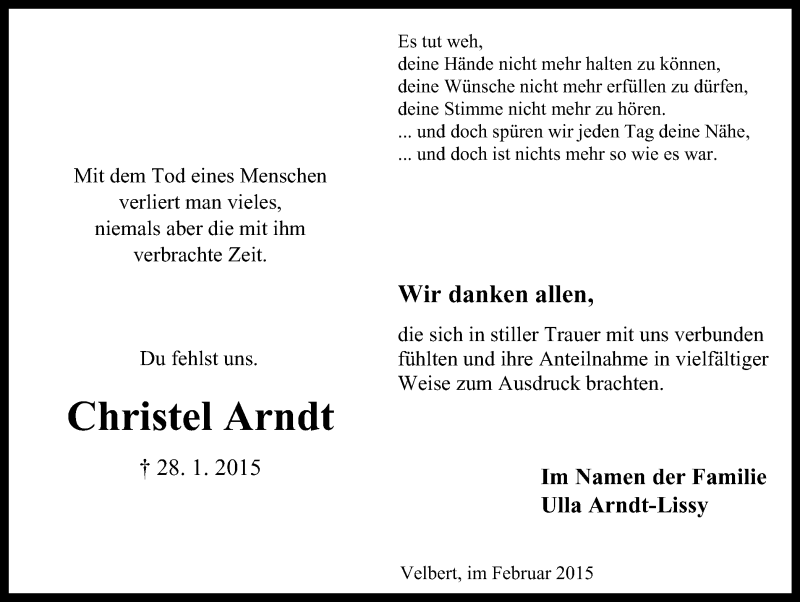  Traueranzeige für Christel Arndt vom 28.02.2015 aus Stadtanzeiger Velbert + Heiligenhaus