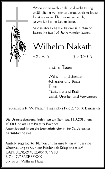 Traueranzeige von Wilhelm Nakath von Stadtanzeiger Emmerich/Rees/Isselburg