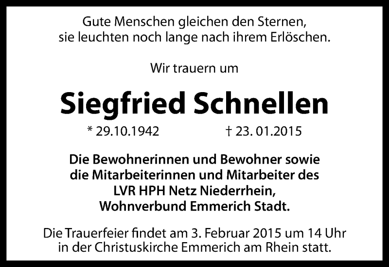  Traueranzeige für Siegfried Schnellen vom 28.01.2015 aus Stadtanzeiger Emmerich/Rees/Isselburg