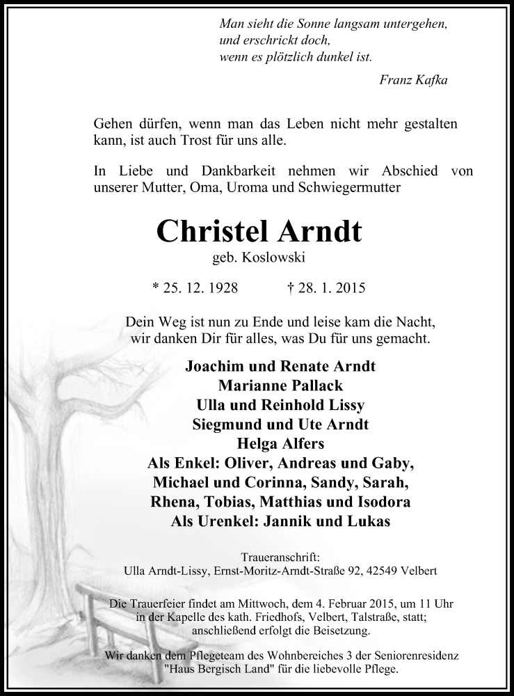  Traueranzeige für Christel Arndt vom 31.01.2015 aus Stadtanzeiger Velbert + Heiligenhaus