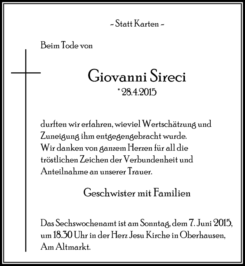  Traueranzeige für Giovanni Sireci vom 03.06.2015 aus Wochen-Anzeiger Oberhausen
