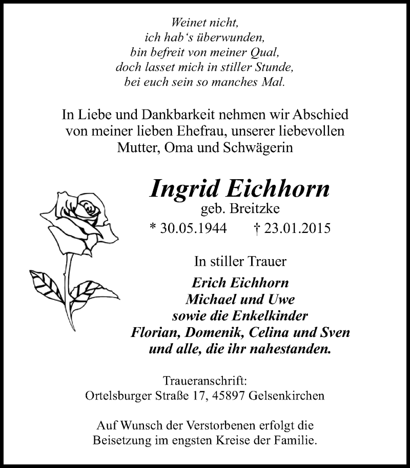  Traueranzeige für Ingrid Eichhorn vom 28.01.2015 aus Stadtspiegel Gelsenkirchen