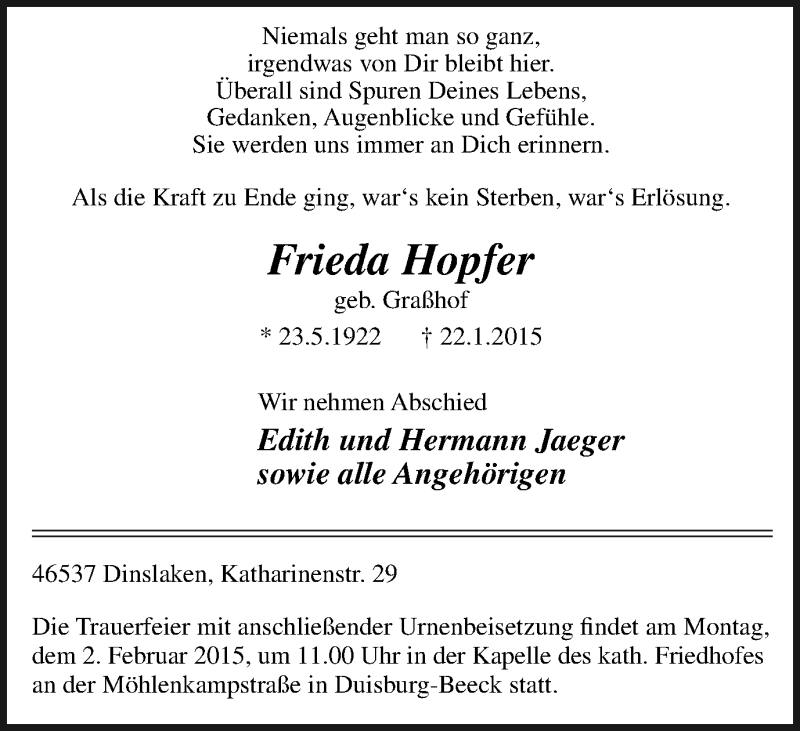  Traueranzeige für Frieda Hopfer vom 28.01.2015 aus Wochen-Anzeiger Duisburg