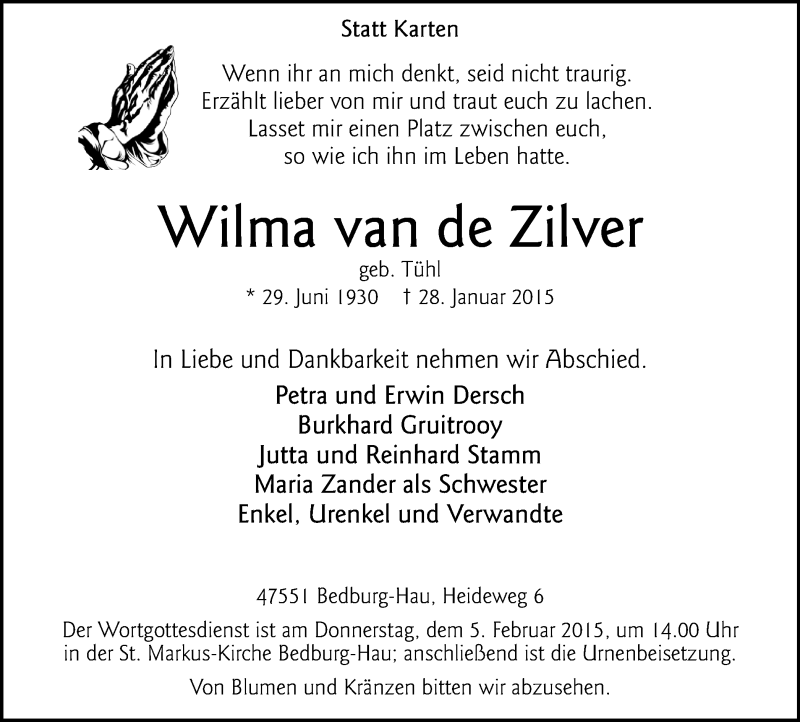  Traueranzeige für Wilma van de Zilver vom 31.01.2015 aus Klever Wochenblatt