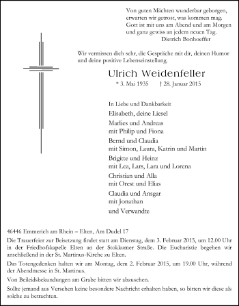 Traueranzeige von Ulrich Weidenfeller von Stadtanzeiger Emmerich/Rees/Isselburg