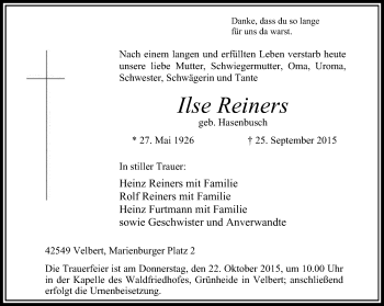 Traueranzeige von Ilse Reiners von Stadtanzeiger Velbert + Heiligenhaus