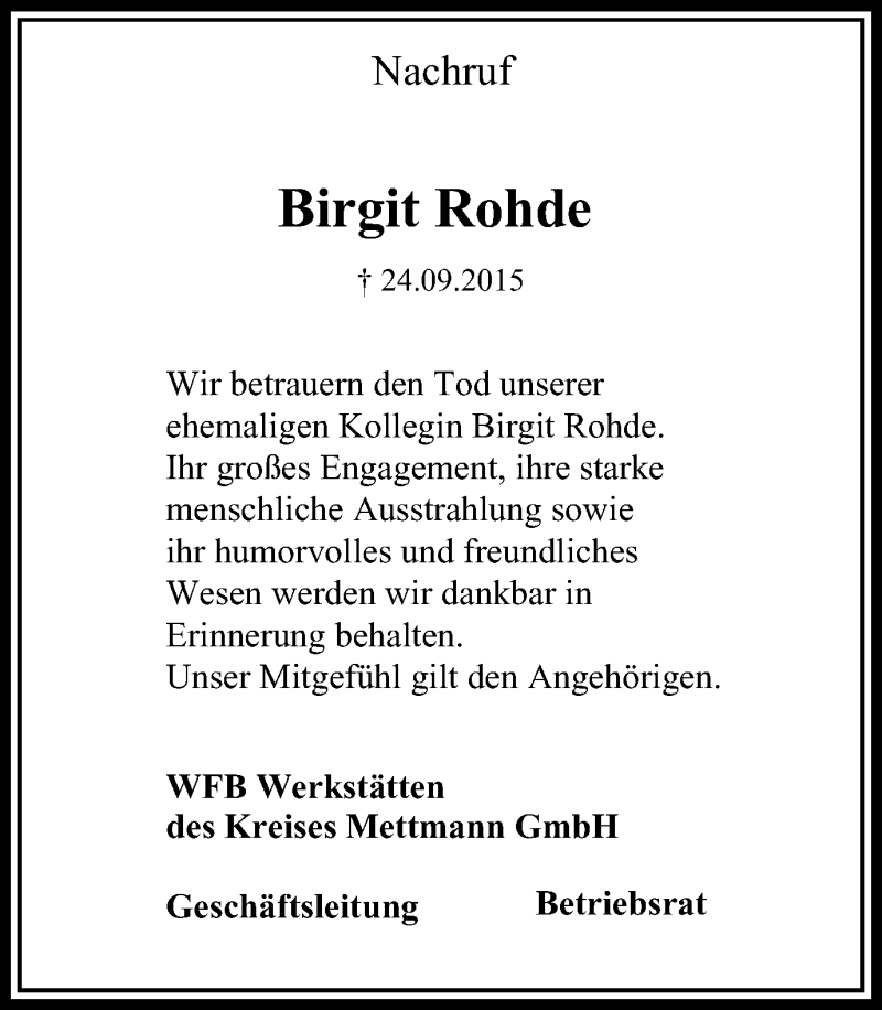  Traueranzeige für Birgit Rohde vom 07.10.2015 aus Stadtanzeiger Velbert + Heiligenhaus