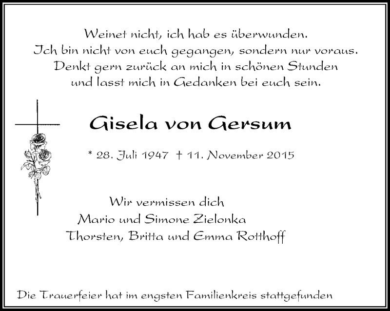  Traueranzeige für Gisela von Gersum vom 05.12.2015 aus Stadtspiegel Bochum