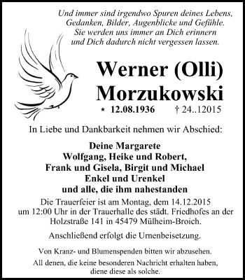 Traueranzeige von Werner Morzukowski von Wochen-Anzeiger Oberhausen