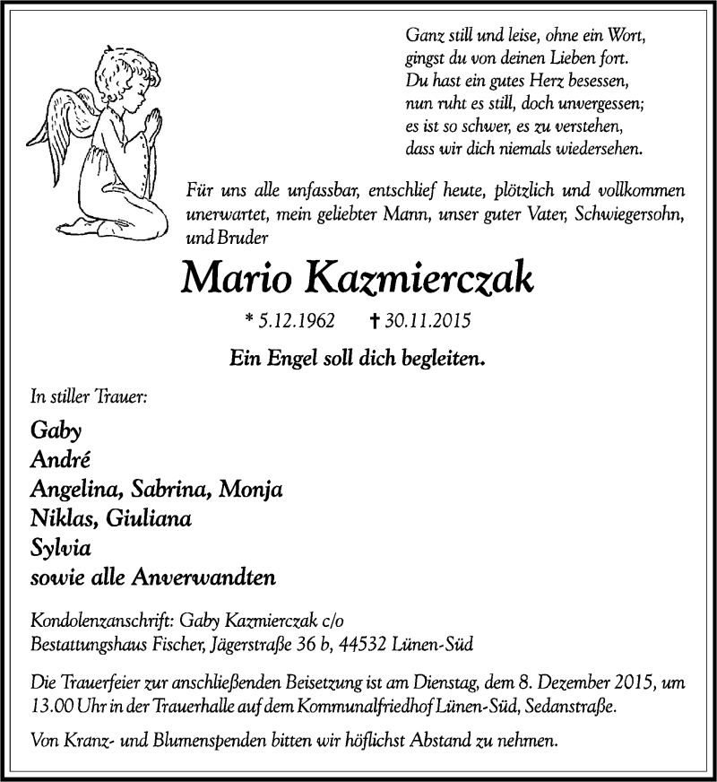  Traueranzeige für Mario Kazmierczak vom 05.12.2015 aus Lüner Anzeiger