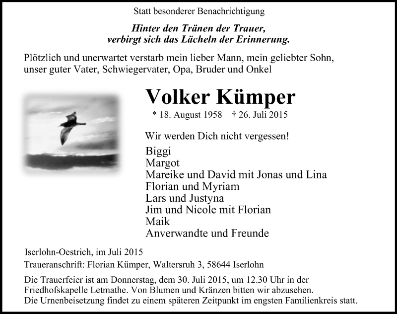  Traueranzeige für Volker Kümper vom 29.07.2015 aus Stadtspiegel Iserlohn + Hemer