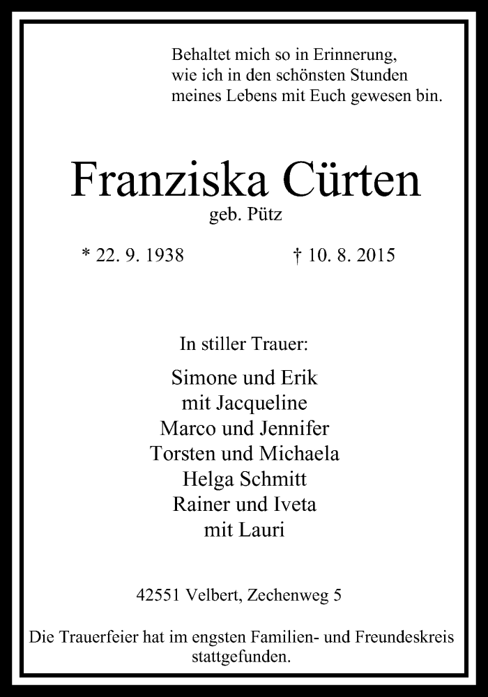  Traueranzeige für Franziska Cürten vom 15.08.2015 aus WVW Anzeigenblätter