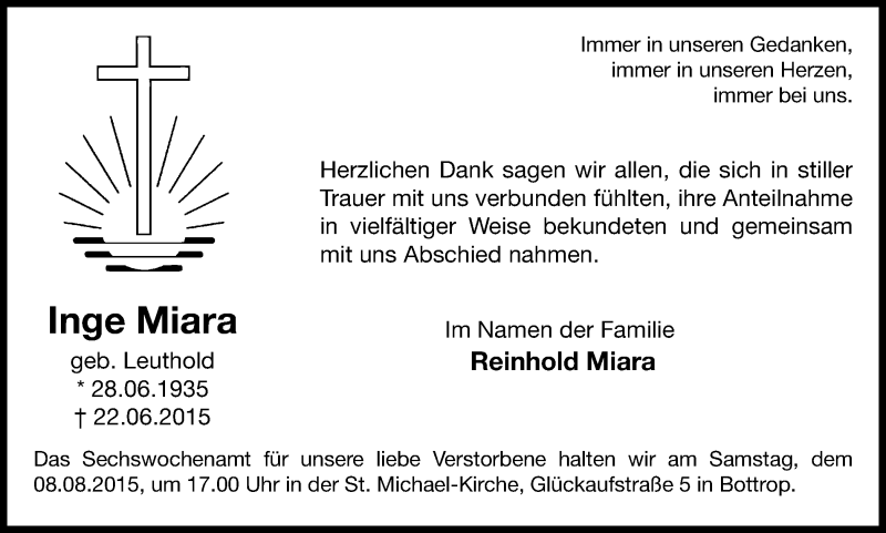  Traueranzeige für Inge Miara vom 05.08.2015 aus Stadtspiegel Bottrop
