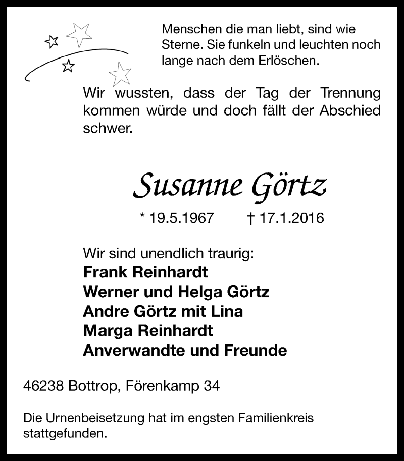  Traueranzeige für Susanne Görtz vom 23.01.2016 aus Stadtspiegel Bottrop