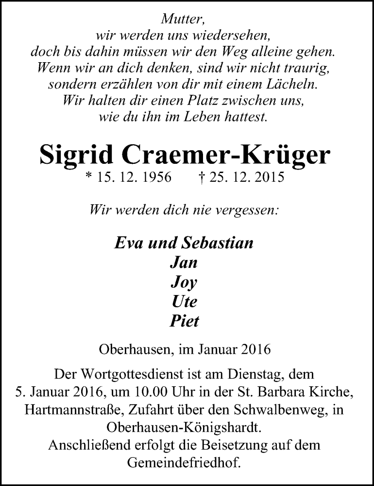 Traueranzeige für Sigrid Craemer-Krüger vom 02.01.2016 aus Wochen-Anzeiger Oberhausen