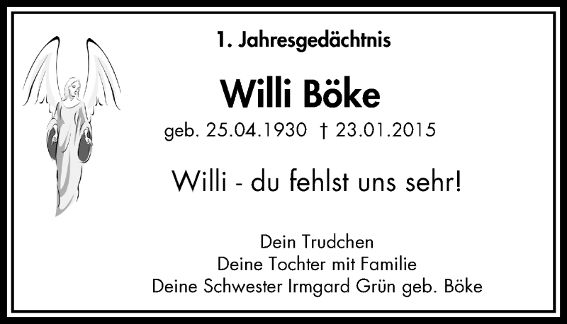  Traueranzeige für Willi Böke vom 23.01.2016 aus Stadtspiegel Gelsenkirchen