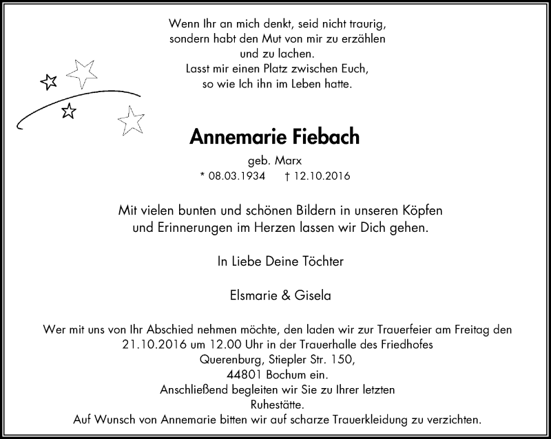  Traueranzeige für Annemarie Fiebach vom 19.10.2016 aus Stadtspiegel Bochum
