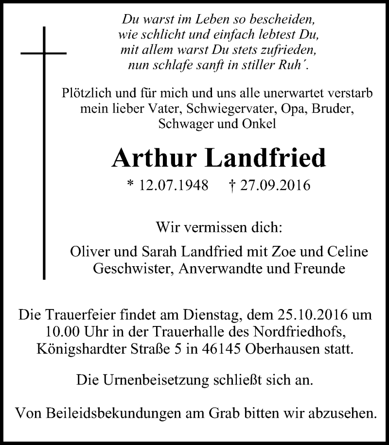  Traueranzeige für Arthur Landfried vom 22.10.2016 aus Wochen-Anzeiger Oberhausen