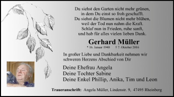 Traueranzeige von Gerhard Müller von Stadtanzeiger Velbert + Heiligenhaus
