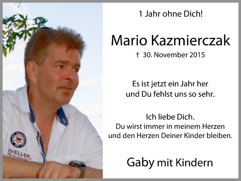  Traueranzeige für Mario Kazmierczak vom 30.11.2016 aus Lüner Anzeiger