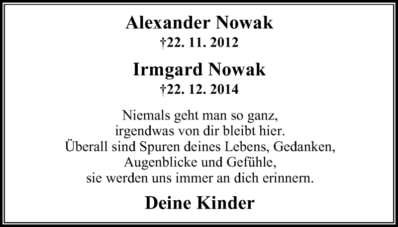  Traueranzeige für Alexander und Irmgard Nowak vom 14.12.2016 aus Wochen-Anzeiger Oberhausen
