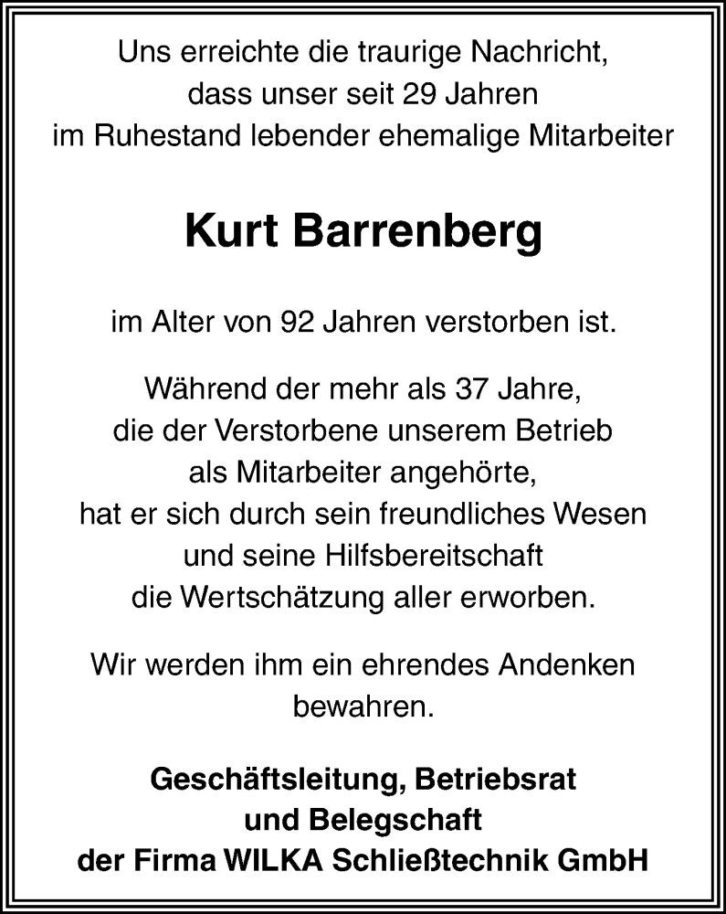  Traueranzeige für Kurt Barrenberg vom 14.12.2016 aus Stadtanzeiger Velbert + Heiligenhaus