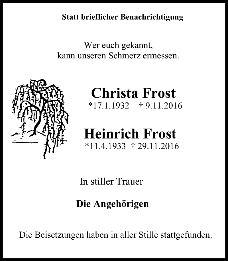  Traueranzeige für Christa und Heinrich Frost vom 14.12.2016 aus Stadtanz.Castrop-Rauxel