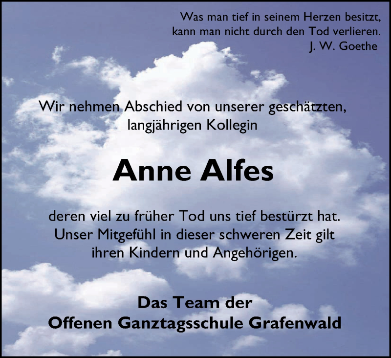  Traueranzeige für Anne Alfes vom 14.12.2016 aus Stadtspiegel Bottrop