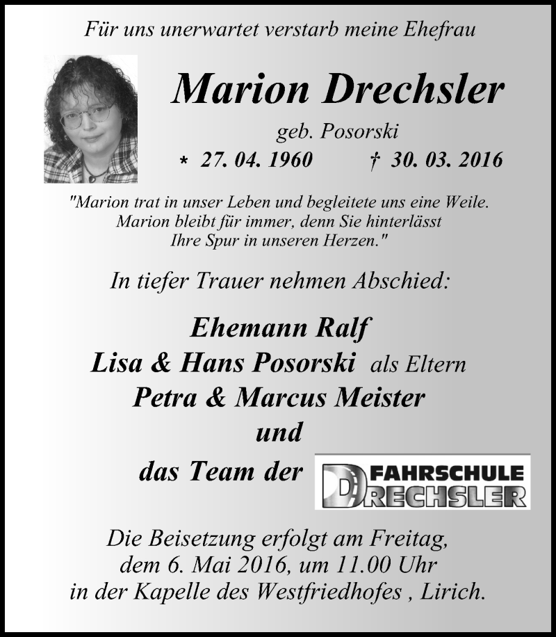  Traueranzeige für Marion Drechsler vom 30.04.2016 aus Wochen-Anzeiger Oberhausen